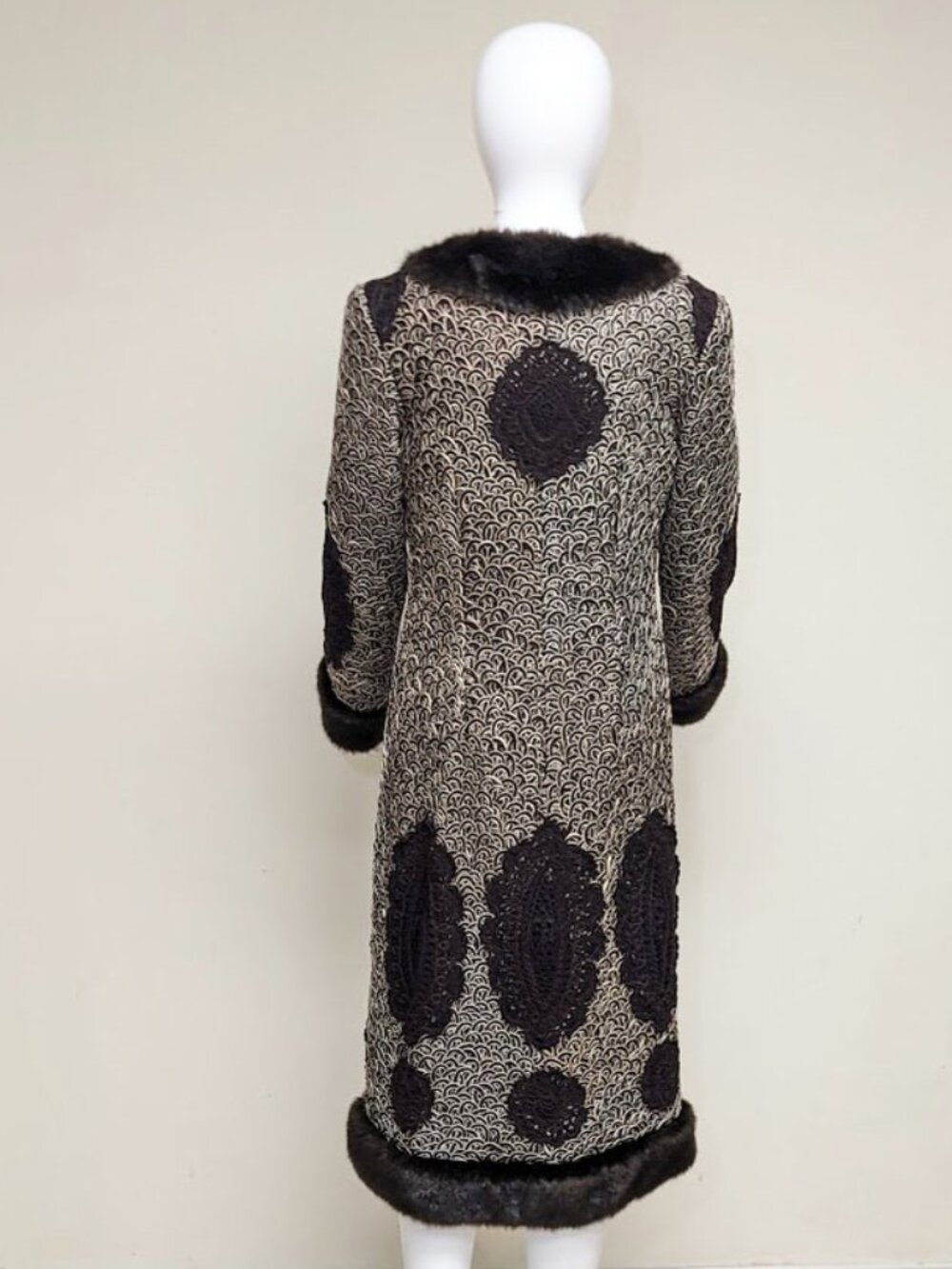SUE WONG NOCTURNE Vintage Faux Fur Crochet & Lace Coat/Duster 1920s Style - Picture 5 of 8